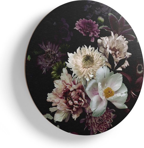 Artaza Houten Muurcirkel - Diverse Bloemen Op Zwart Achtergrond - Ø 50 cm - Klein - Multiplex Wandcirkel - Rond Schilderij
