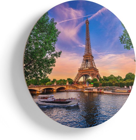 Artaza Houten Muurcirkel - Eiffeltoren In Parijs Aan Het Water - Kleur - Ø 50 cm - Klein - Multiplex Wandcirkel - Rond Schilderij