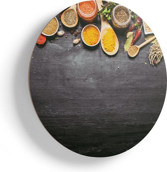Artaza Muurcirkel - Indiase Kruiden Op Een Zwarte Tafel - Wandcirkel - Rond Schilderij