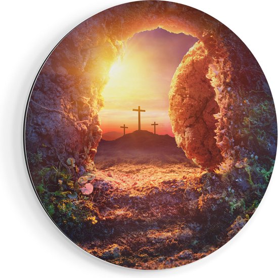 Artaza Dibond Muurcirkel Kruisiging bij Zonsopgang - Opstanding Jezus - Ø 70 cm - Wandcirkel - Rond Schilderij - Voor Binnen en Buiten