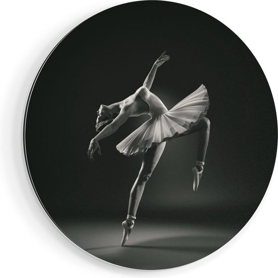 Artaza Dibond Muurcirkel Ballerina op Haar Tenen - Ballet - Zwart Wit - Ø 90 cm - Groot - Wandcirkel - Rond Schilderij - Voor Binnen en Buiten
