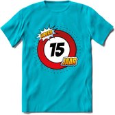 15 Jaar Hoera Verkeersbord T-Shirt | Grappig Verjaardag Cadeau | Dames - Heren | - Blauw - 3XL