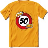 50 Jaar Hoera Verkeersbord T-Shirt | Grappig Abraham Verjaardag Cadeau | Dames - Heren | - Geel - 3XL