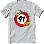 91 Jaar Hoera Verkeersbord T-Shirt | Grappig Verjaardag Cadeau | Dames - Heren | - Licht Grijs - Gemaleerd - S