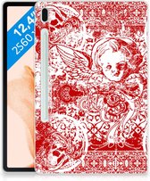 Back Case met naam Samsung Galaxy Tab S7FE Hoes Angel Skull Red met doorzichte zijkanten