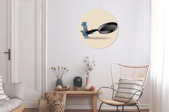 Cercle mural - Cercle mural - Illustration d'un personnage de dessin animé avec une poêle à frire - Aluminium - Dibond - 60x60 cm - Intérieur et Extérieur