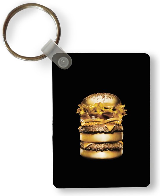 Sleutelhanger - Gouden hamburger op een zwarte achtergrond. - Uitdeelcadeautjes - Plastic