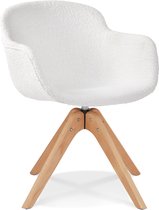 Alterego Scandinavische stoel met armleuningen 'DESMA' van witte boucléstof en natuurlijk hout