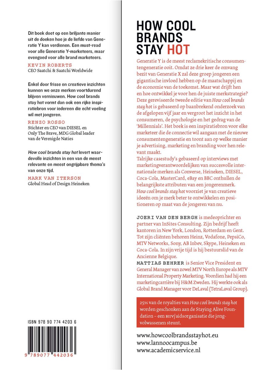 Boek 'How Cool Brands Stay Hot' met tekst en citaten van Kevin Roberts, Renzo Rosso en Mark van Iterson.