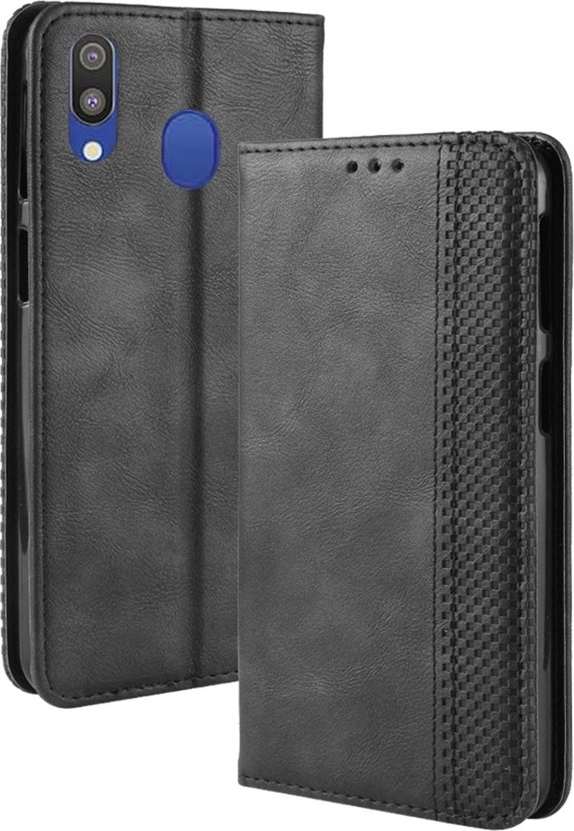Mobigear Telefoonhoesje geschikt voor Samsung Galaxy M20 Hoesje | Mobigear Sensation Bookcase Portemonnee | Pasjeshouder voor 3 Pasjes | Telefoonhoesje voor Pinpas / OV Kaart / Rijbewijs - Zwart