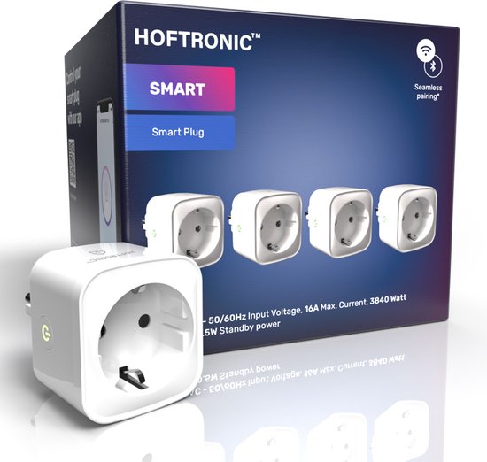 4x HOFTRONIC Slimme Stekker - Smart plug 16A - WiFi + Bluetooth - Met Tijdschakelaar - Compatible met alle smart assistenten - Incl. Energiemeter - Extra hoog en smal design - Smart stopcontact