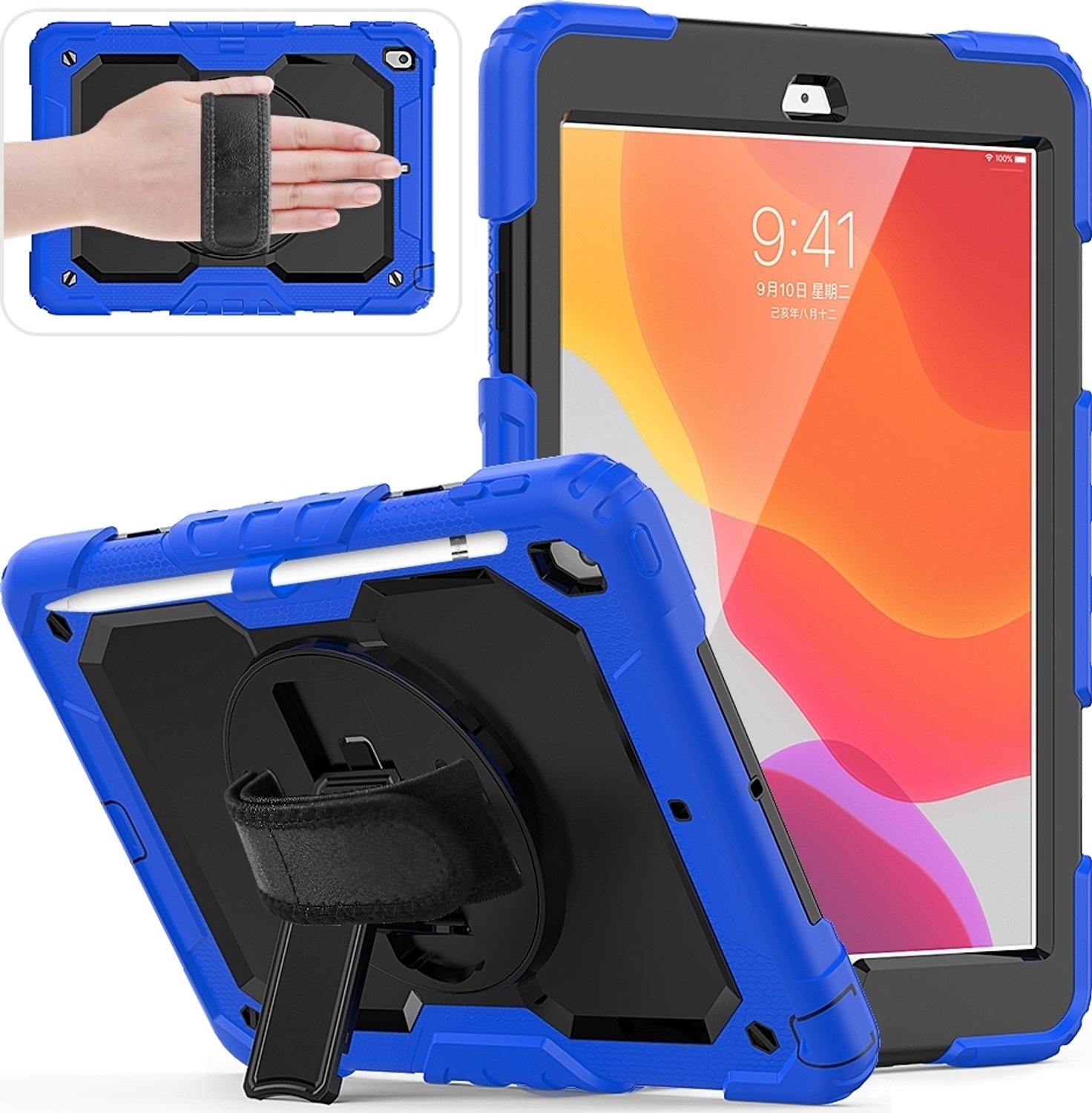 Mobigear SureGrip Xtreme Tablethoes geschikt voor Apple iPad 9 (2021) Hardcase Backcover + Stylus Houder + Schouderband + Standaard - Zwart / Blauw