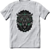 Wolf - Dieren Mandala T-Shirt | Aqua | Grappig Verjaardag Zentangle Dierenkop Cadeau Shirt | Dames - Heren - Unisex | Wildlife Tshirt Kleding Kado | - Licht Grijs - Gemaleerd - L