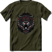 Tijger - Dieren Mandala T-Shirt | Rood | Grappig Verjaardag Zentangle Dierenkop Cadeau Shirt | Dames - Heren - Unisex | Wildlife Tshirt Kleding Kado | - Leger Groen - XL