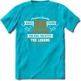 34 Jaar Legend T-Shirt | Goud - Wit | Grappig Verjaardag en Feest Cadeau Shirt | Dames - Heren - Unisex | Tshirt Kleding Kado | - Blauw - XL