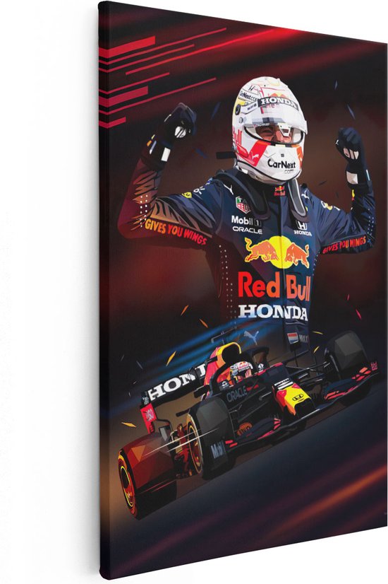 Artaza Canvas Schilderij Max Verstappen bij Red Bull Racing F1 - Formule 1 - 60x90 - Wanddecoratie Slaapkamer - Muurdecoratie