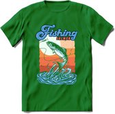Fishing - Vissen T-Shirt | Grappig Verjaardag Vis Hobby Cadeau Shirt | Dames - Heren - Unisex | Tshirt Hengelsport Kleding Kado - Donker Groen - XXL