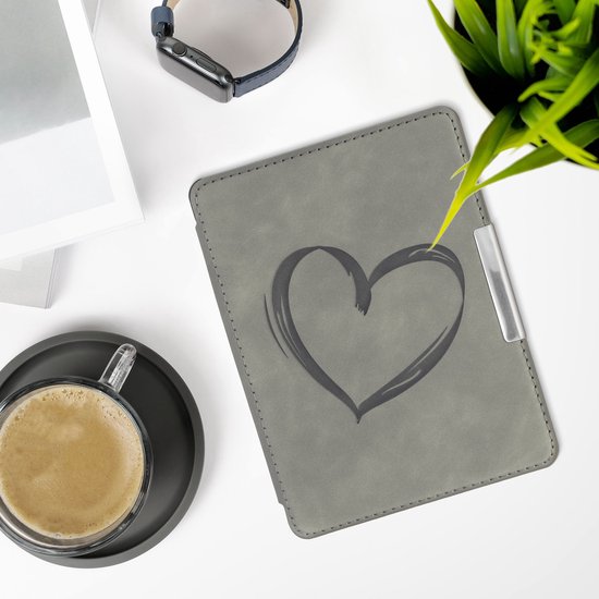 kwmobile e-reader hoesje geschikt voor Kobo Glo HD / Touch 2.0 hoes - Ereader flip case met standaard - Kunstleren e reader cover - Brushed Hart design in grijs van Merkloos — afbeelding 4