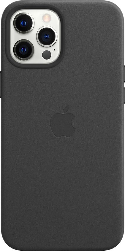Zwarte leren iPhone 12 Pro Max hoesje met Apple logo.
