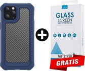 Backcover Shockproof Carbon Hoesje iPhone 12 Pro Max Blauw - Gratis Screen Protector - Telefoonhoesje - Smartphonehoesje