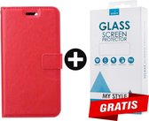 Kunstleer Bookcase Hoesje Met Pasjeshouder iPhone 12 Rood - Gratis Screen Protector - Telefoonhoesje - Smartphonehoesje