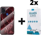 Backcover Marmerlook Hoesje Samsung Galaxy A21s Rood - 2x Gratis Screen Protector - Telefoonhoesje - Smartphonehoesje