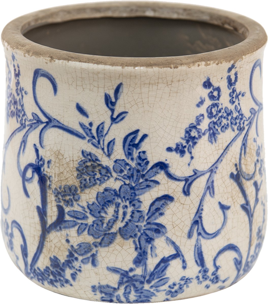 Clayre & Eef Bloempot Ø 12x11 cm Blauw Wit Keramiek Bloemen