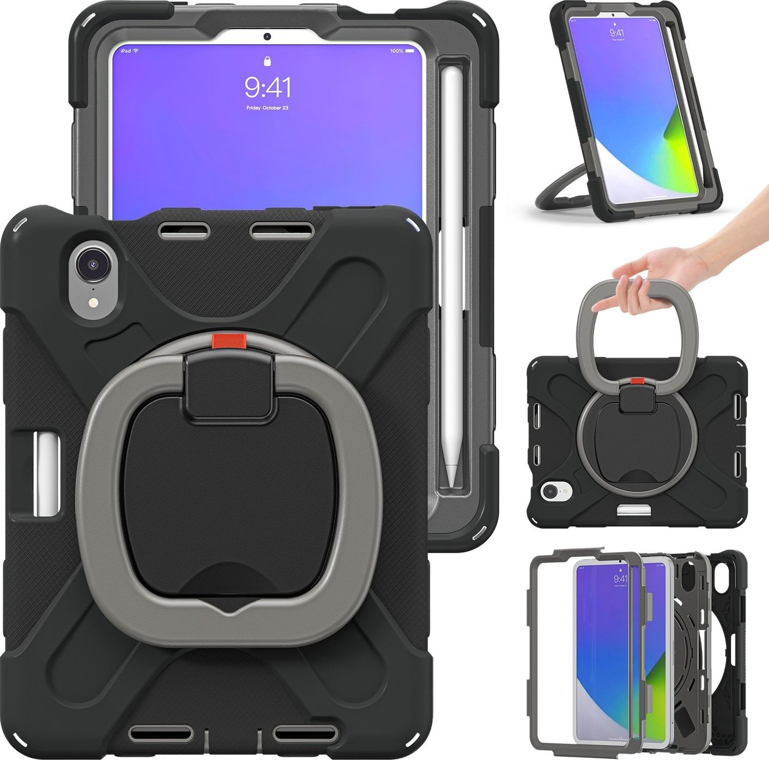 Mobigear RingGuard Tablethoes geschikt voor Apple iPad Mini 6 (2021) Hardcase Backcover + Stylus Houder + Schouderband + Standaard - Zwart