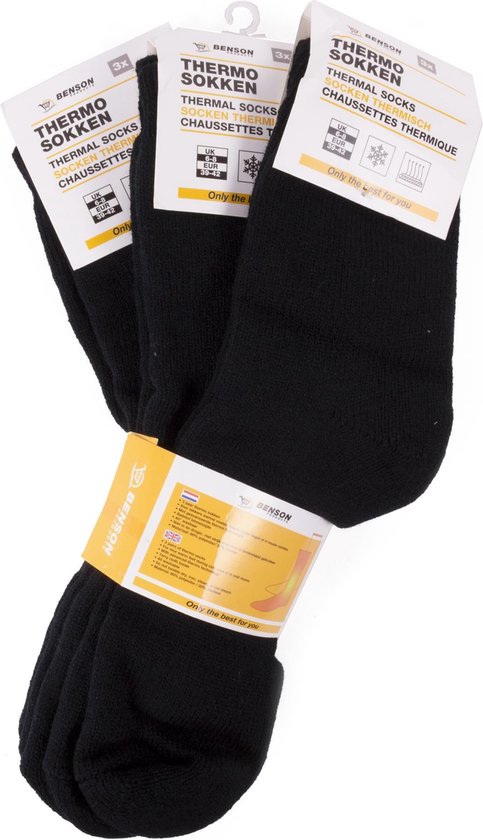 Drie paar zwarte Benson thermische sokken, verpakt, maat 39-42.
