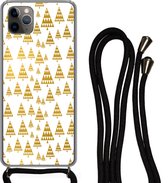 Hoesje met koord Geschikt voor iPhone 11 Pro - Kerstboom - Wit - Goud - Patronen - Siliconen - Crossbody - Backcover met Koord - Telefoonhoesje met koord - Hoesje met touw
