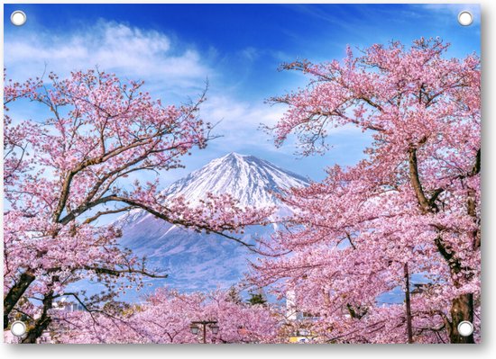 Fuji-berg en kersenbloesems in de lente, Japan - Tuinposter 70x50 - Wanddecoratie - Besteposter - Landschap
