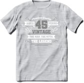 45 Jaar Legend T-Shirt | Zilver - Wit | Grappig Verjaardag en Feest Cadeau | Dames - Heren - Unisex | Kleding Kado | - Licht Grijs - Gemaleerd - S