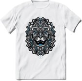 Leeuw - Dieren Mandala T-Shirt | Blauw | Grappig Verjaardag Zentangle Dierenkop Cadeau Shirt | Dames - Heren - Unisex | Wildlife Tshirt Kleding Kado | - Wit - 3XL