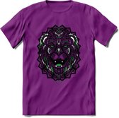 Leeuw - Dieren Mandala T-Shirt | Groen | Grappig Verjaardag Zentangle Dierenkop Cadeau Shirt | Dames - Heren - Unisex | Wildlife Tshirt Kleding Kado | - Paars - M