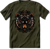 Beer - Dieren Mandala T-Shirt | Oranje | Grappig Verjaardag Zentangle Dierenkop Cadeau Shirt | Dames - Heren - Unisex | Wildlife Tshirt Kleding Kado | - Leger Groen - XXL