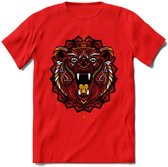 Beer - Dieren Mandala T-Shirt | Geel | Grappig Verjaardag Zentangle Dierenkop Cadeau Shirt | Dames - Heren - Unisex | Wildlife Tshirt Kleding Kado | - Rood - 3XL