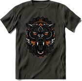 Wolf - Dieren Mandala T-Shirt | Oranje | Grappig Verjaardag Zentangle Dierenkop Cadeau Shirt | Dames - Heren - Unisex | Wildlife Tshirt Kleding Kado | - Donker Grijs - L