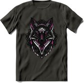 Vos - Dieren Mandala T-Shirt | Roze | Grappig Verjaardag Zentangle Dierenkop Cadeau Shirt | Dames - Heren - Unisex | Wildlife Tshirt Kleding Kado | - Donker Grijs - L