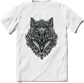 Vos - Dieren Mandala T-Shirt | Groen | Grappig Verjaardag Zentangle Dierenkop Cadeau Shirt | Dames - Heren - Unisex | Wildlife Tshirt Kleding Kado | - Wit - XXL