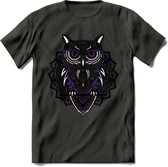 Uil - Dieren Mandala T-Shirt | Paars | Grappig Verjaardag Zentangle Dierenkop Cadeau Shirt | Dames - Heren - Unisex | Wildlife Tshirt Kleding Kado | - Donker Grijs - S