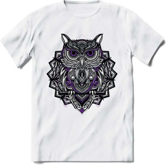 Uil - Dieren Mandala T-Shirt | Paars | Grappig Verjaardag Zentangle Dierenkop Cadeau Shirt | Dames - Heren - Unisex | Wildlife Tshirt Kleding Kado | - Wit - 3XL