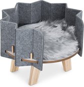 Navaris Modern verhoogd kattenbed houten platform met omslagvilt en faux fur mat voor katten, puppies, konijnen