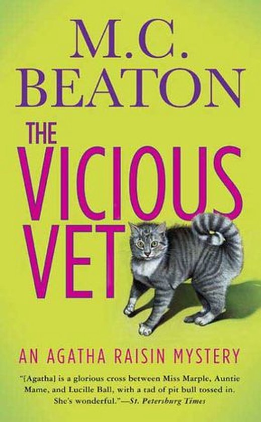 Boekkaft met de titel 'The Vicious Vet' door M.C. Beaton, met een gestreepte kat.
