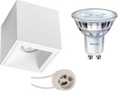 Opbouwspot Set - Pragmi Cliron Pro - GU10 Fitting - Opbouw Vierkant - Mat Wit - Verdiept - 90mm - Philips - SceneSwitch 827 36D - 1.5W-5W - Warm Wit 2200K-2700K - Dimbaar - BES LED