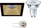 LED Spot Set - Pragmi Pollon Pro - GU10 Fitting - Inbouw Vierkant - Mat Zwart/Goud - Verdiept - 82mm - Philips - CorePro 827 36D - 4.6W - Warm Wit 2700K - BSE