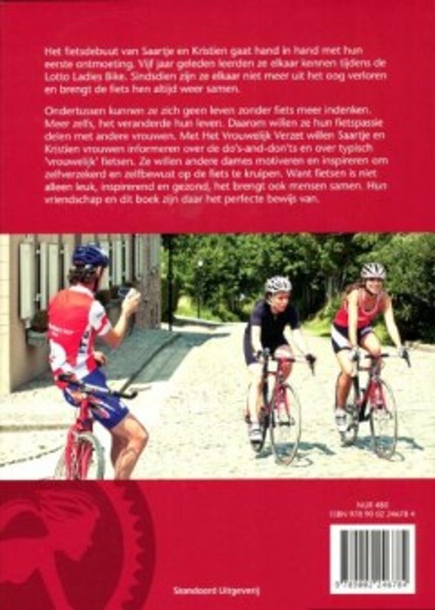 Achterkant van het boek 'Het Vrouwelijk Verzet', met een afbeelding van drie fietsers.