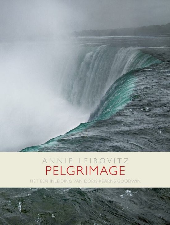 Page de titre de Pèlerinage, un livre d'Annie Leibovitz avec une introduction de Doris Kearns Goodwin. Une cascade dans la brume avec de l'eau verte.