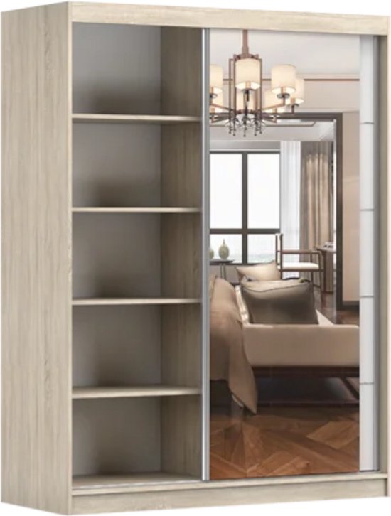 Armoire à portes coulissantes LARA 05 – Armoire 2 portes avec miroir, étagères et tringle à vêtements – design moderne – 150x200x61 cm - LARA 05 (Zwart)