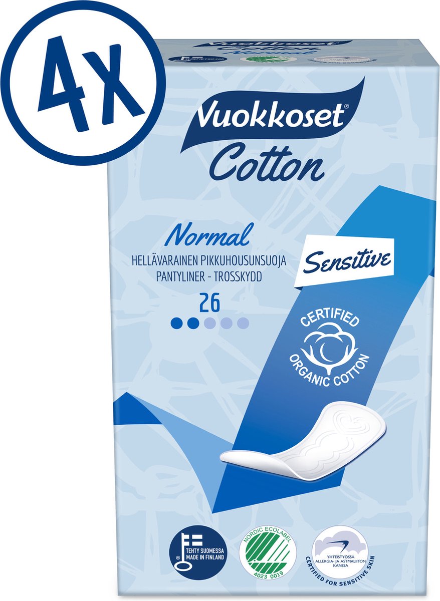 Goedkoopste Vuokkoset Organic Cotton Inlegkruisjes - 4 x 26 stuks - Gevoelige huid bescherming - Allergievriendelijk - Nordic Swan Certified