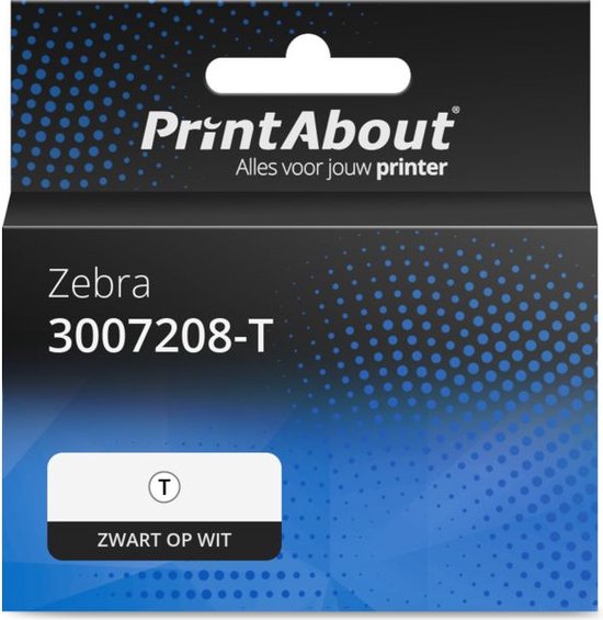 Verpakking van PrintAbout huismerk etiketten, model 3007208-T, Zwart op wit.